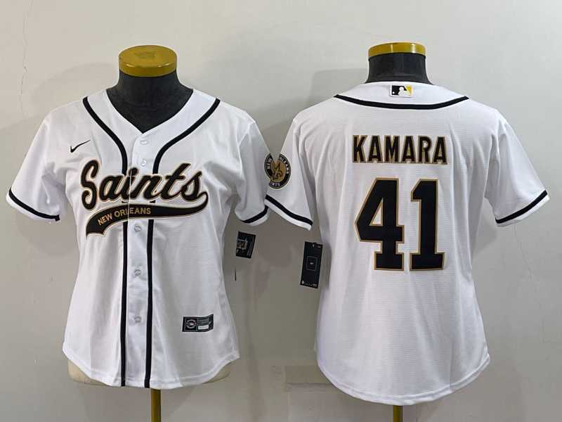 Womens New Orleans Saints #41 Alvin Kamara White With Patch Cool Base Stitched Baseball Jersey->women nfl jersey->Women Jersey